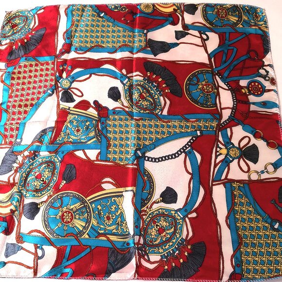 Scarf 19" x 19" Square Satin NEW print neckerchief blue-red - Picture 2 of 4